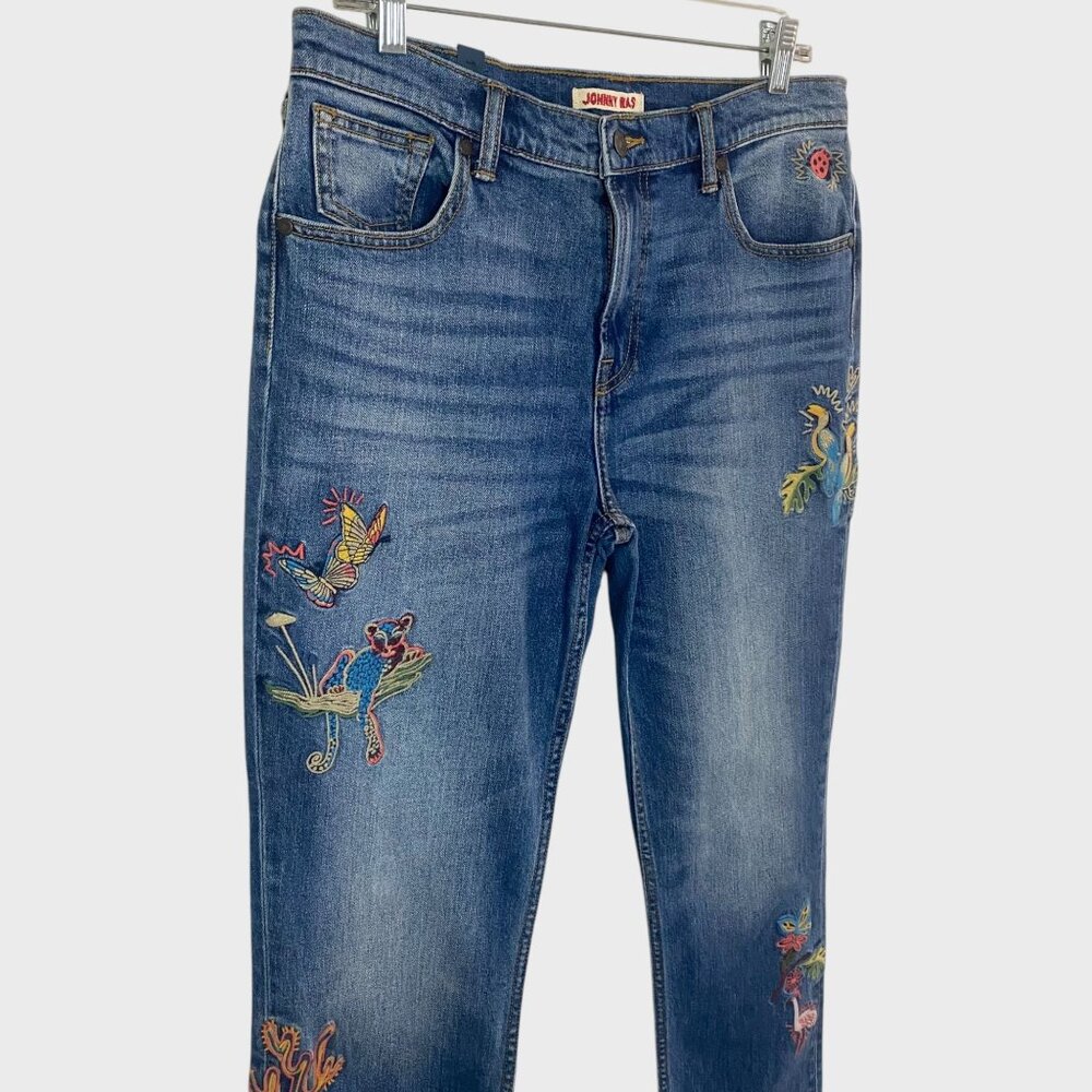 Johnny Was Cropped Denim Boyfriend Jean Size 29 Embroidered Mid-Rise Raw-Hem New - Picture 3 of 11